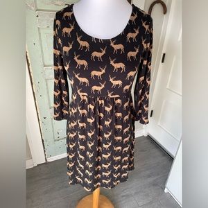 Boden Deer print Navy Blue jersey Dress size 10 R empire waist